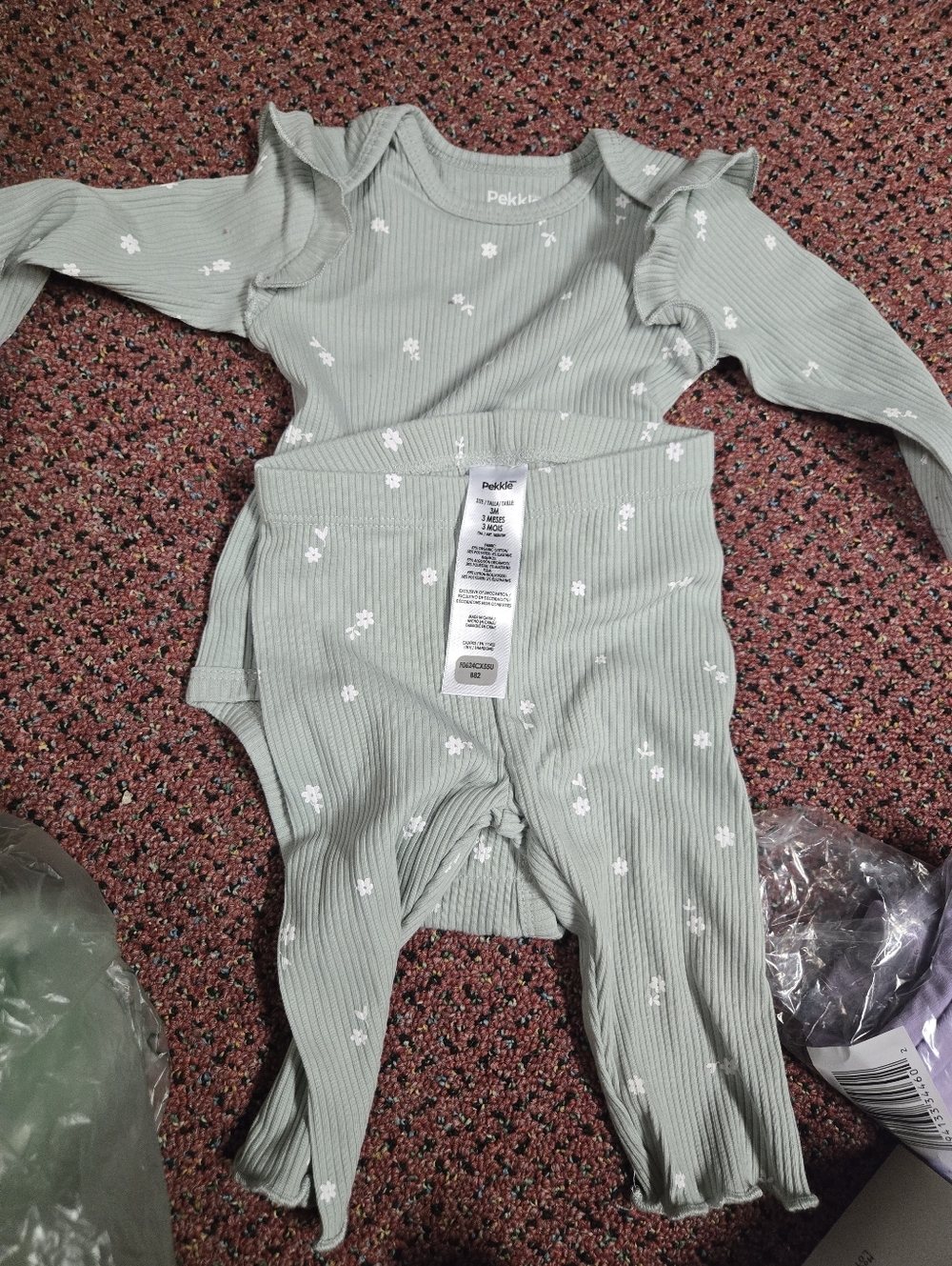 Pekkle Sage Green Floral Ribbed Baby Outfit